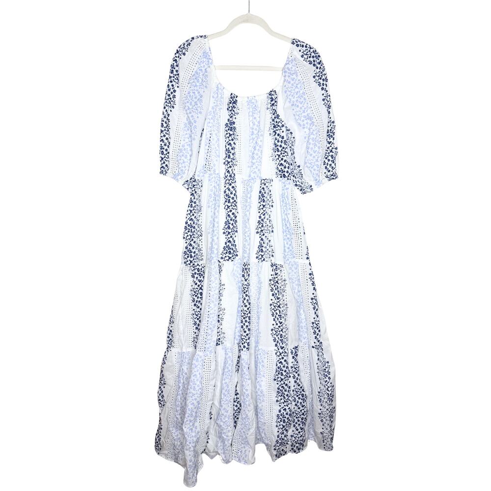 ZARA Floral Tiered Eyelet Lace Maxi Dress Medium White Blue Cottagecore Prairie